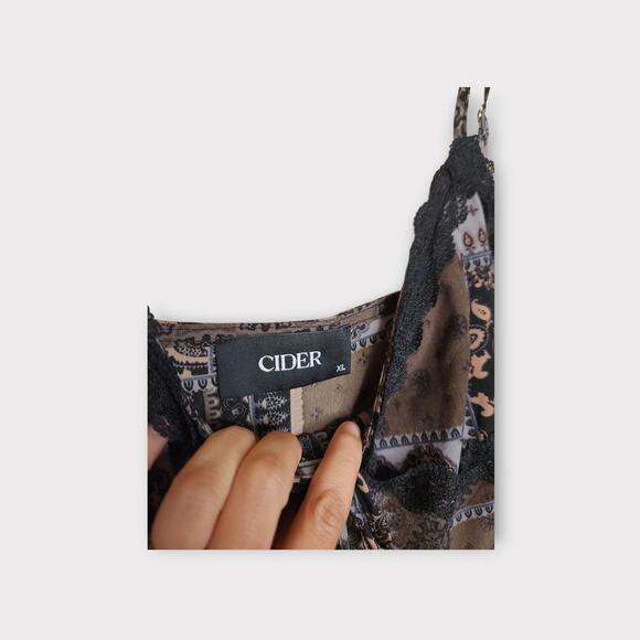 Cider Womens Paisley Patchwork Lace Trim Slip Dress Black Brown XL Whimsy Goth - Picture 5 of 9